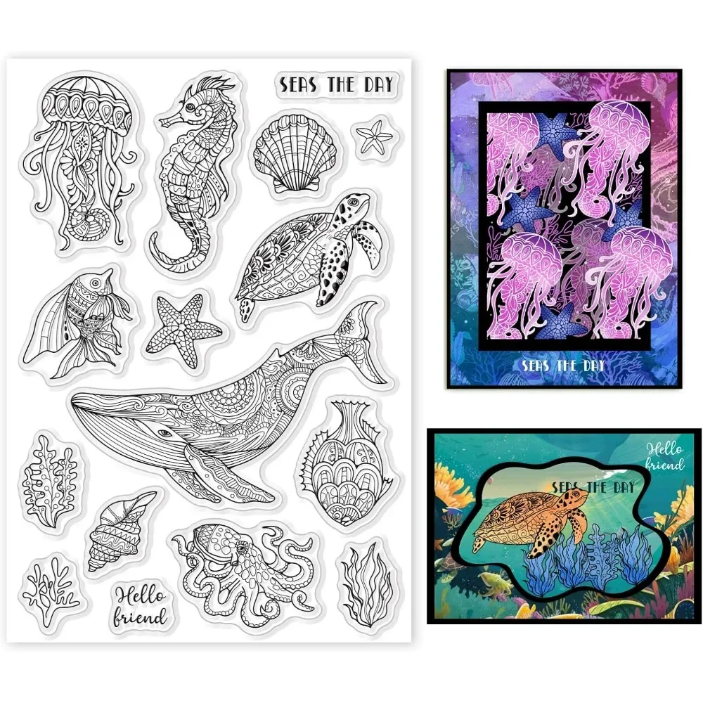 Clear Silicone Stamps For Card Making - Sellos transparentes de vida oceánica, ballenas